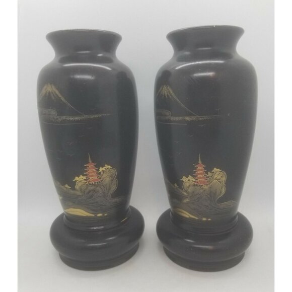 1950's Japanese Black Laquer Over Wood Vases Interior Liners Hand Painted Pair - Picture 1 of 12